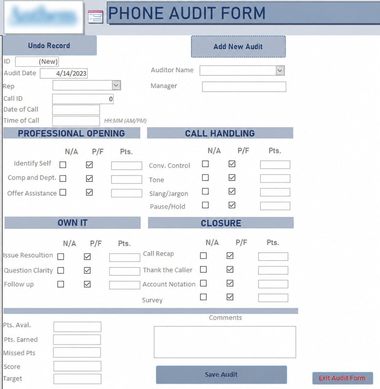 Phone audit form, original portfolio work sample